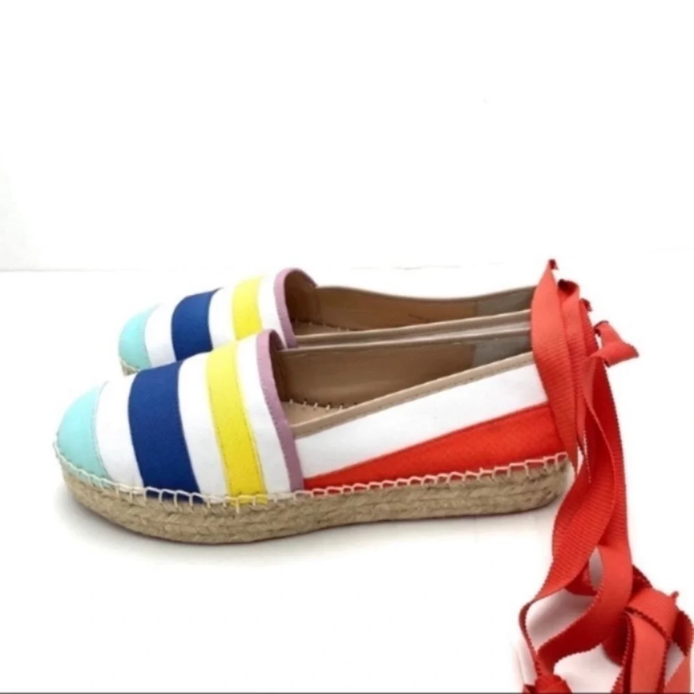Kate Spade Leather Rainbow Striped Warped Ankle Espadrilles Platform Size 9
